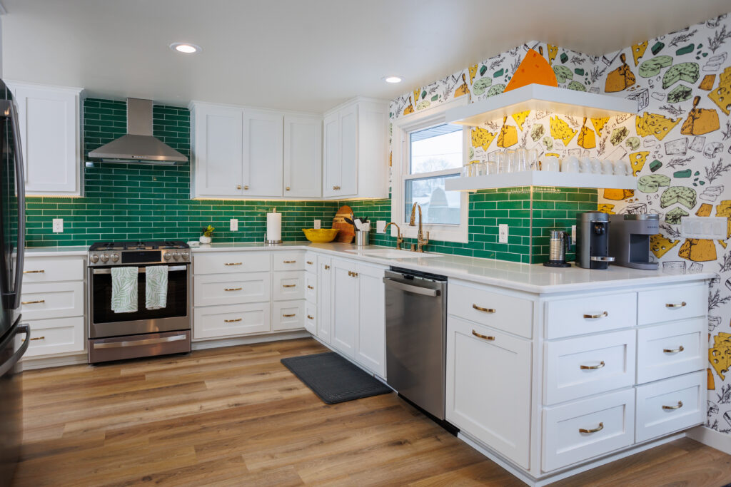 Cheesehead Hideaway Vacation Rental Kitchen with Cheese Wallpaper